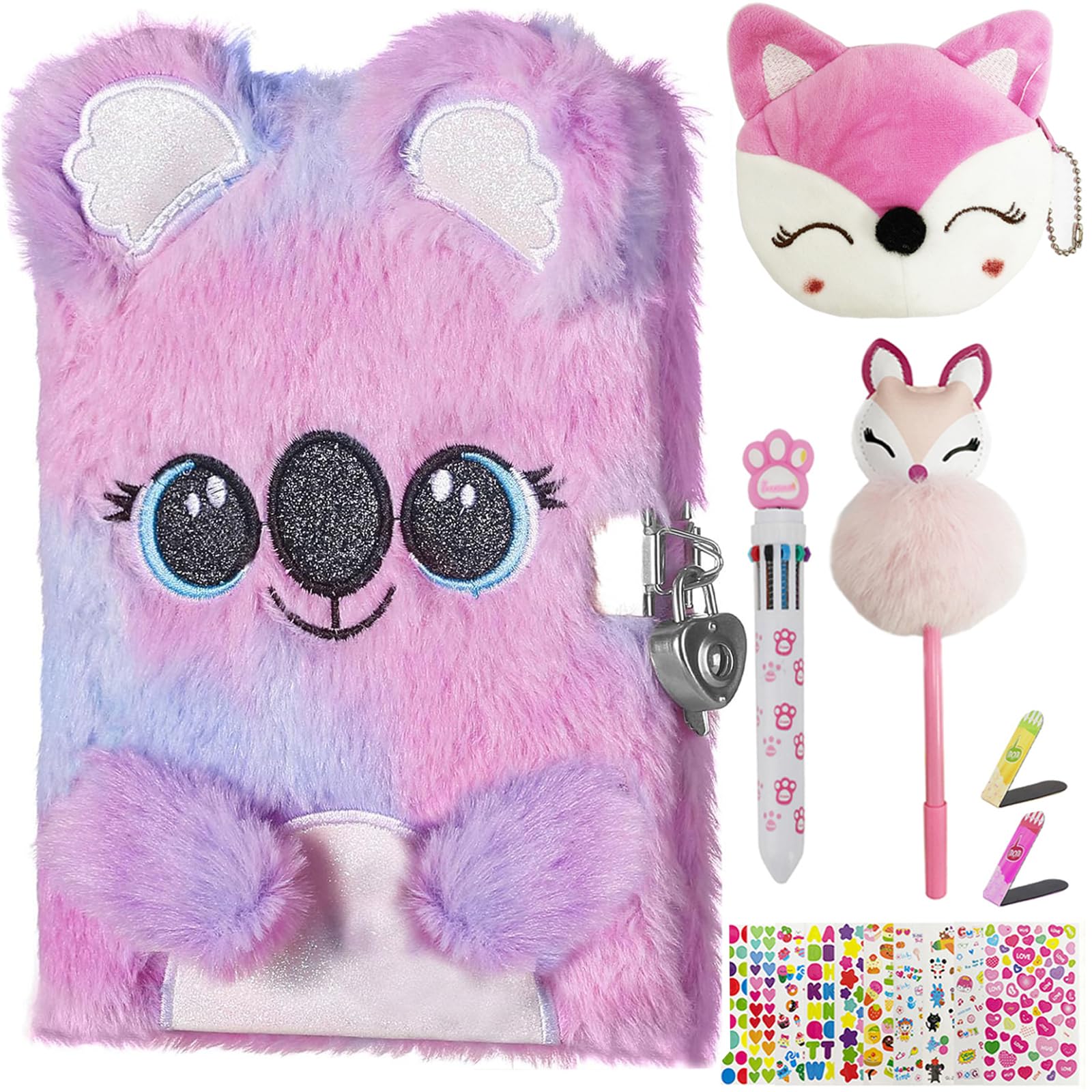 WIEWUSCH Girls Diary with Lock,Journal for Kids with Bookmarks Sticky Notes Pom Pom Pen Notebook for Writing and Drawing 160 Lined Pages Diary for Girls ages 6-8