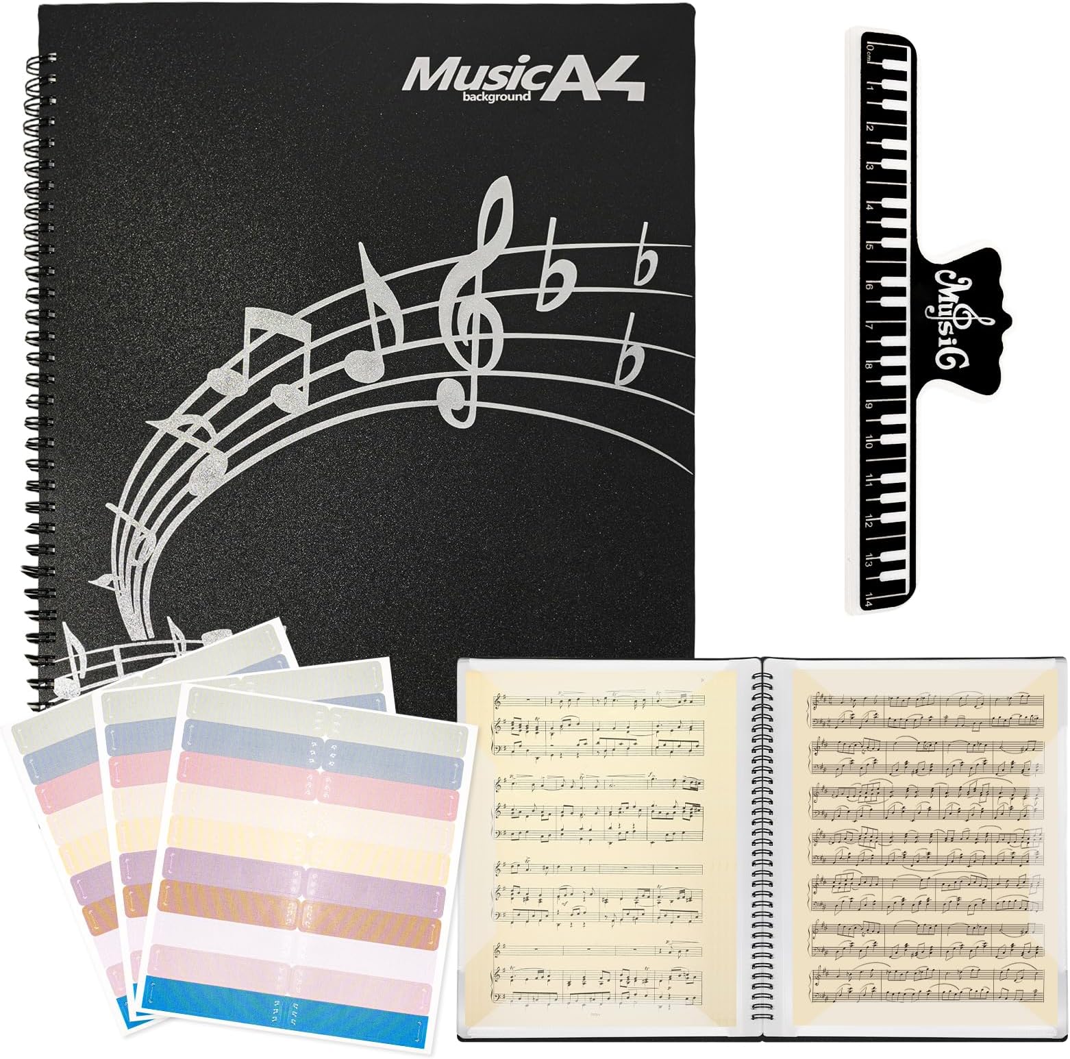 Sheet Music Folder Spiral Bound, 40 Sleeves Display 80 Pages Music Score Binder with Piano Key Clip & 60 Index Tabs, Writable Music Binder Organizer for A4 & 8.8 x 11.8 inch Letter Size (Black)