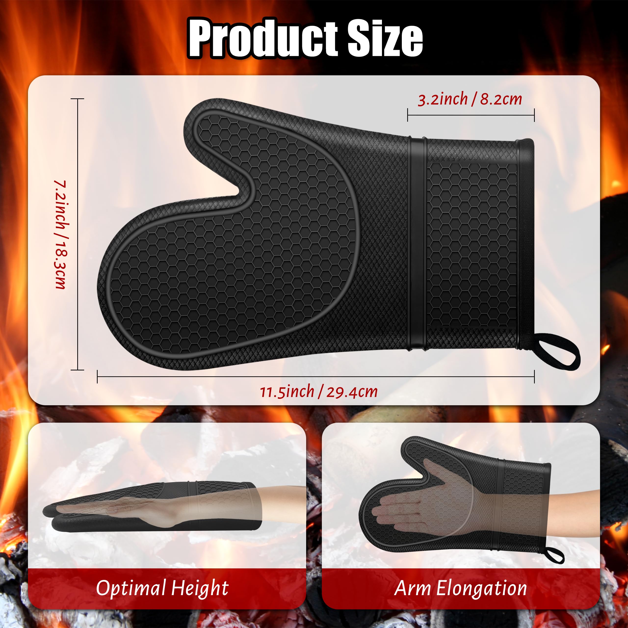 Oven Mitts,Anti-Slip Silicone Oven Gloves,Heat Resistant Gloves,Withstand 500 ℉,Black Double Oven Gloves for Kitchen Cooking,Dessert Making,BBQ - Image 4