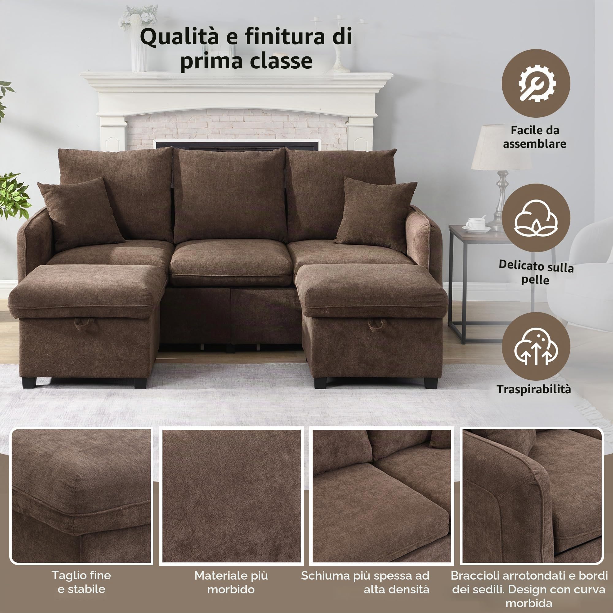 Divano Letto 3 Posti con Penisola, Divano Angolare 3 Posti Forma di U, Divano Letto Matrimoniale con vano Contenitore, Divano 3 Posti con cassetti, Marrone Anticato