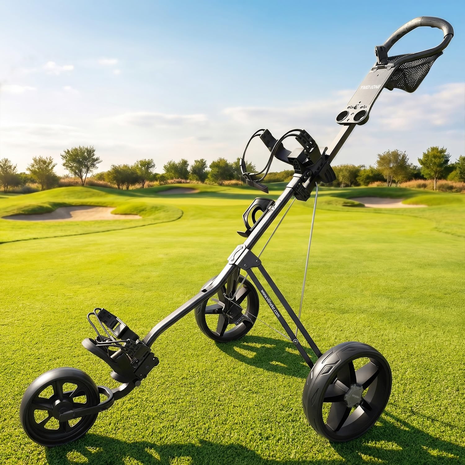 3 Rad Golf Trolley mit verstellbarem Griff: Klappbares Design, Netzaufbewahrungstasche, leichter Handwagen mit Halterung für Scorecard und Flasche. Kompakt für einfache Lagerung und Transport
