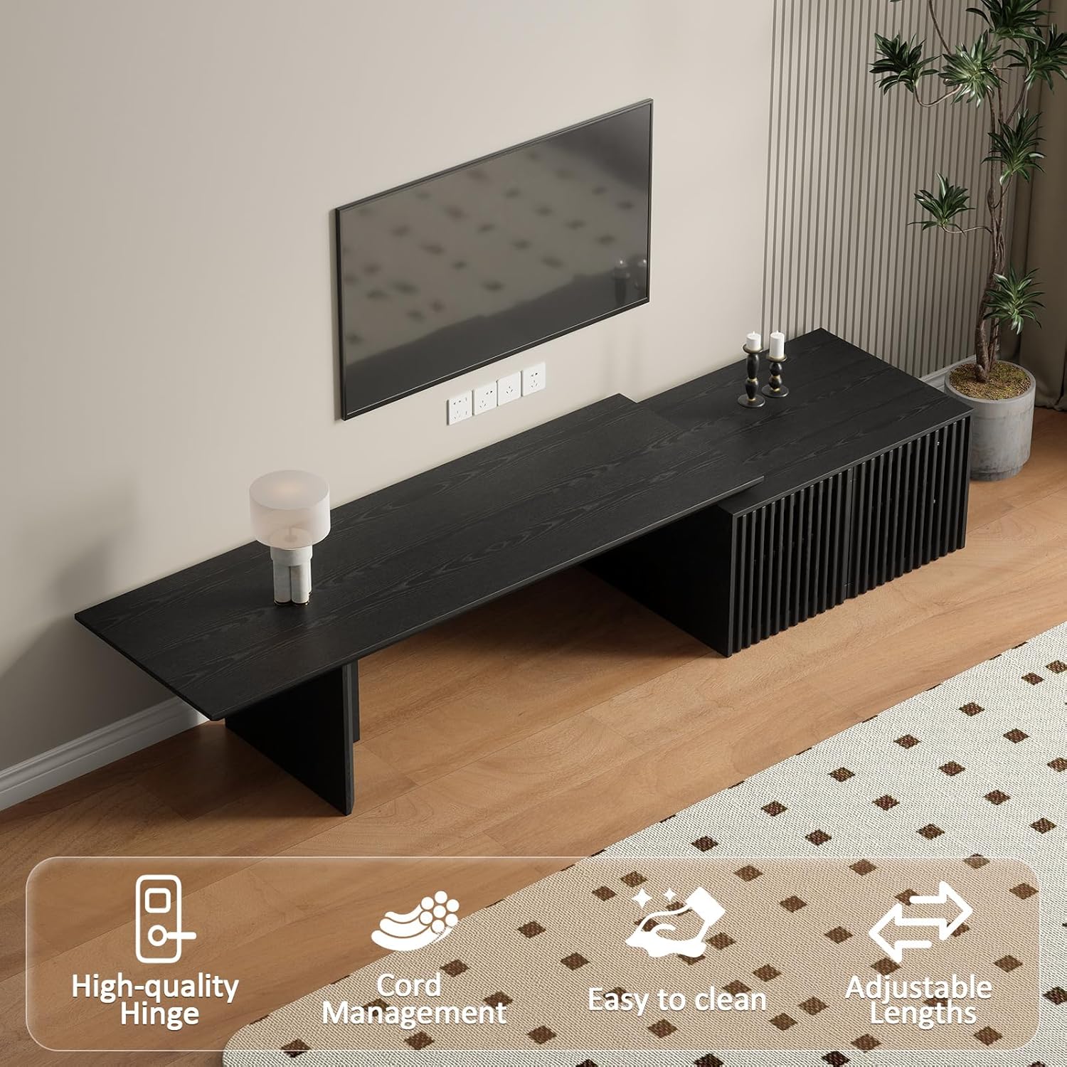 XEW Extendable TV Stand with Storage and Shelves, Wood Entertainment Center for 55+ Inch TV, Modern TV Console, Minimalist Media Console for Living Room, Bedroom-Black (Extendable: 60.6"-84.3")