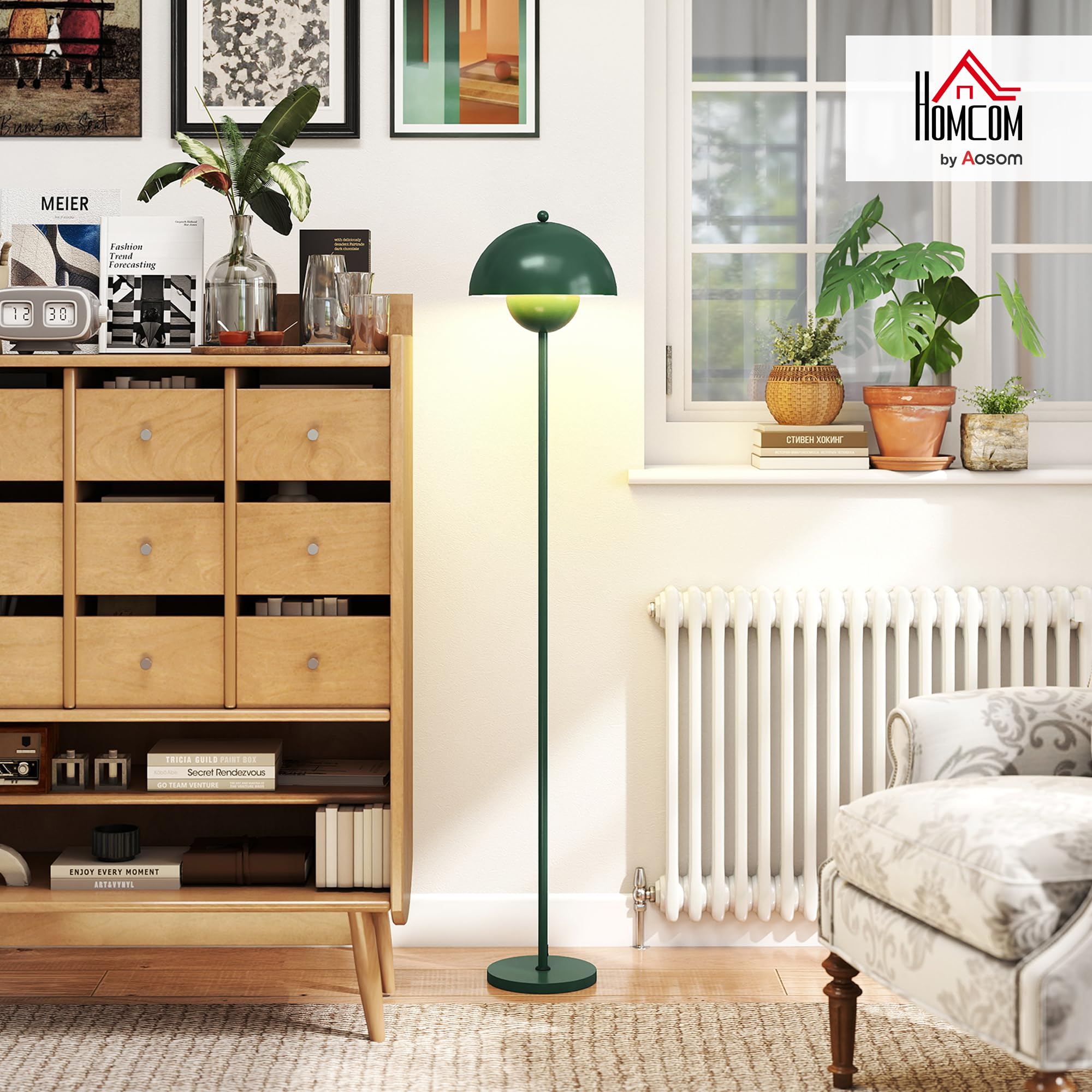 HOMCOM Lampada da Terra con Paralume Semicircolare e Interruttore a Pedale, Lampada a Piantana in Acciaio, Ø30x155 cm, Verde