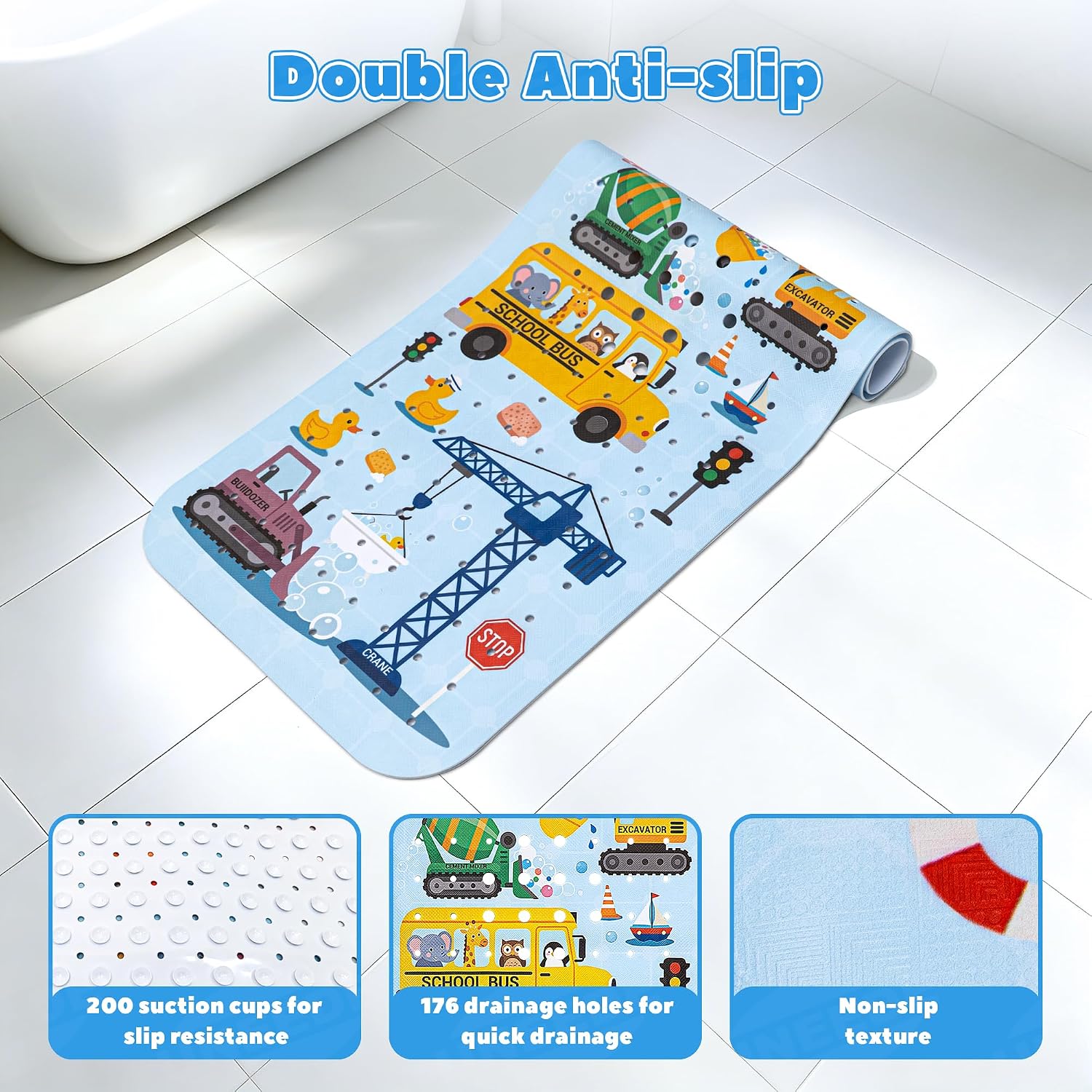 UNEEDE Baby Bathtub Mat Non Slip, 40x16'' Excavator Design Bath Mat for Tub | 200 Suction Cups & 176 Drain Holes, Machine Washable, Quick Dry Shower Mat for Kids Bath Essentials, BPA Free