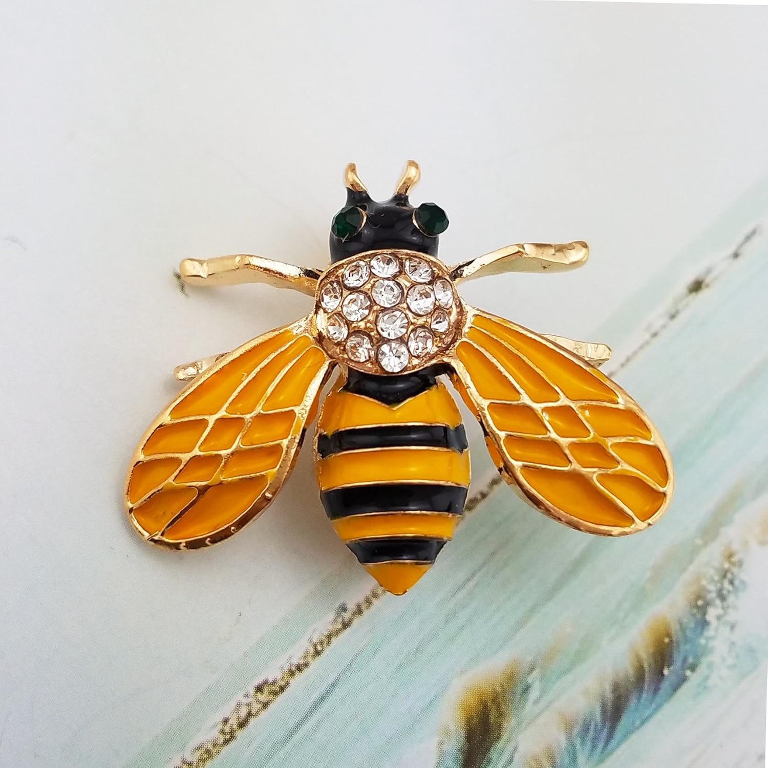 SELOVO Honeybee Bee Yellow Enamel Small Cute Brooch Pin Gold Tone Clear Crystal - Image 3