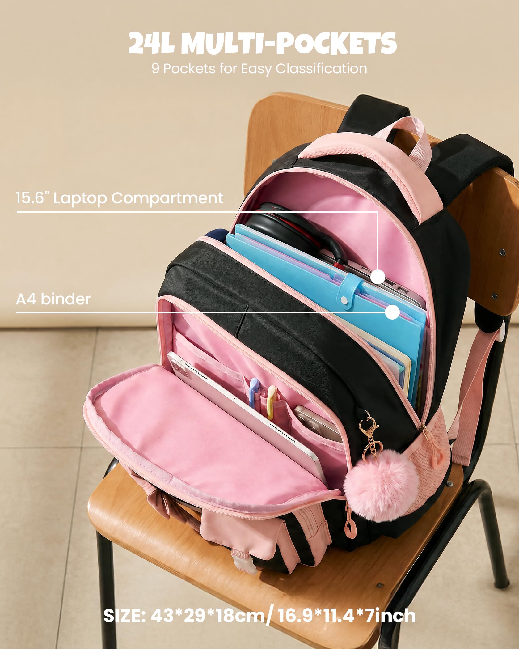 Amythe Sac à Dos Fille Primaire 3 Pièce, Ensemble Cartable Enfant Scolaire avec Sacs à Déjeuner et Trousse Crayon, Sac Ecole pour Fille 8 à 15 ans, Noir