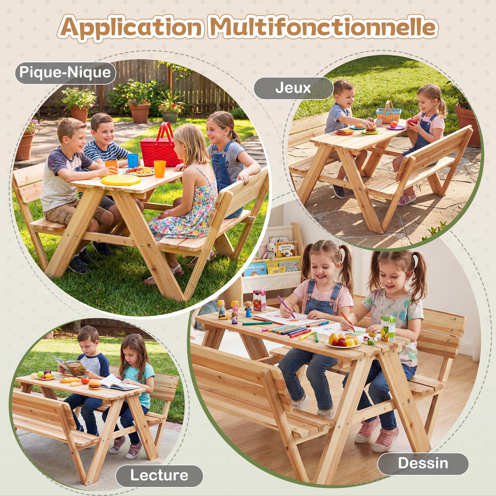 DREAMADE Table de Pique-Nique Enfants, Table Extérieure en Bois avec Bancs Intégrés et Dossiers pour 4, Ensemble Multi-activités Table et Chaises pour Patio, Jardin, Arrière-Cour, 3+ Ans
