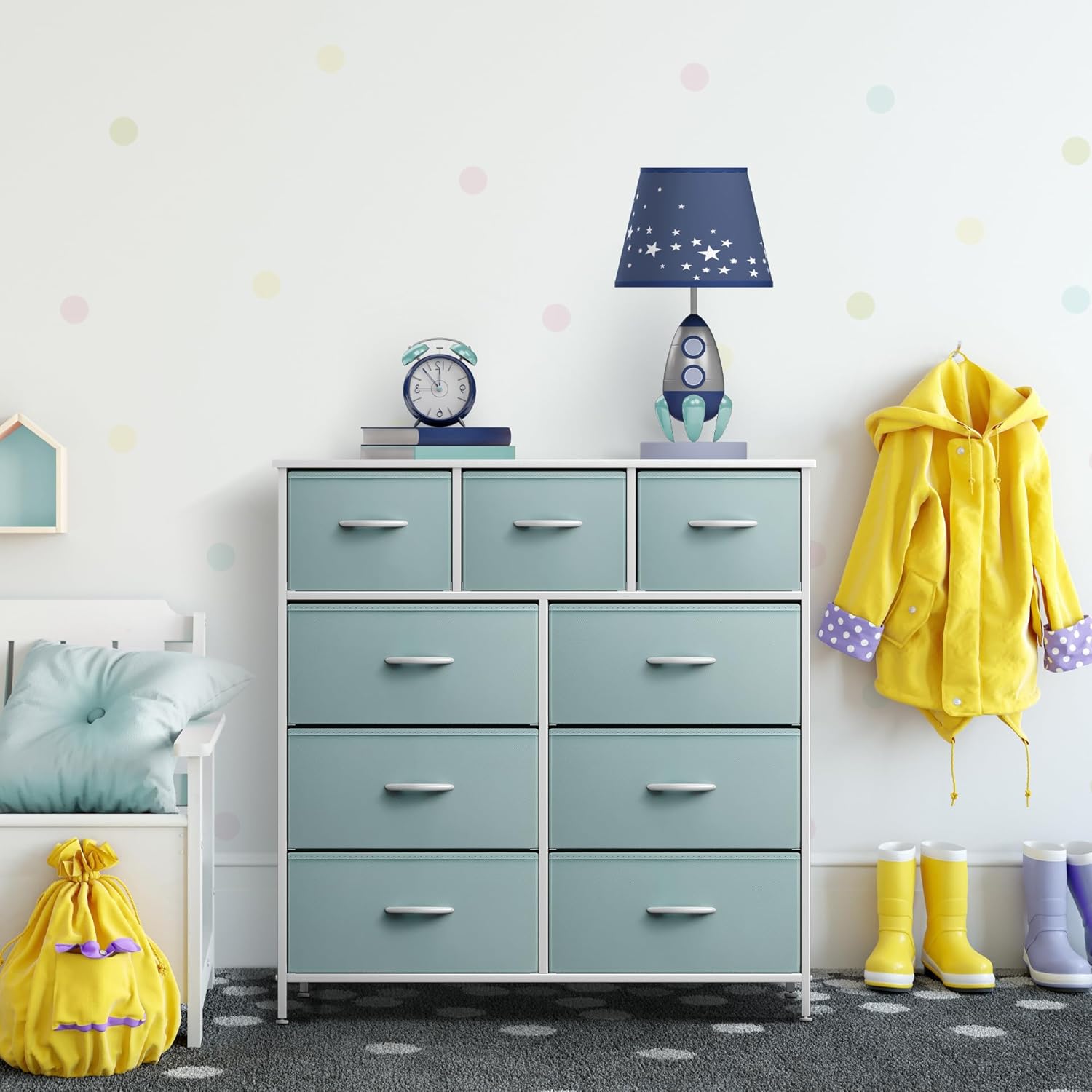 Aqua 9-Drawer Steel Frame Nursery Dresser with Fabric Bins