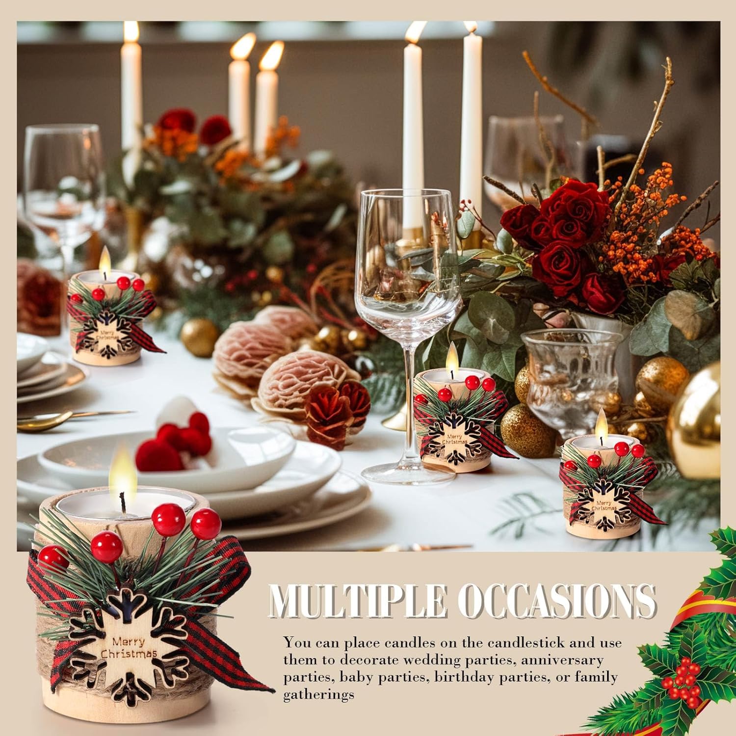 Uiifan 24 Sets Christmas Wood Tealight Candle Holder and Tea Lights Candles Set Decorative for Table Centerpiece Xmas Tealight Candles Bulk Candleholders Decor Gift (Snowflake,Wood Color)