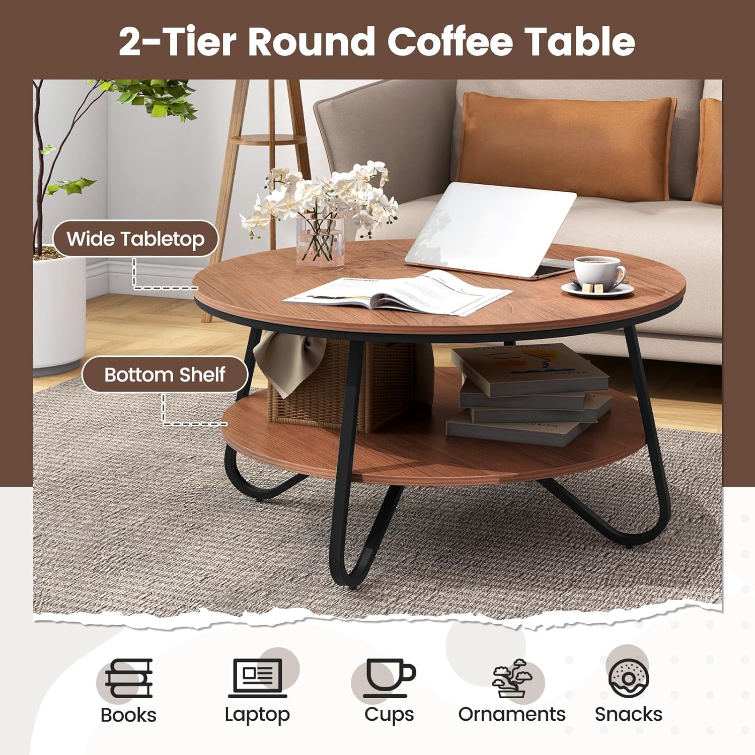 Giantex 2-Tier Round Coffee Table, 33.5" Wood Coffee Table with Open Storage Shelf & Heavy-Duty Steel Frame, Rustic Circle Coffee Table, Mid-Century Center Table for Living Room, Office, Walnut