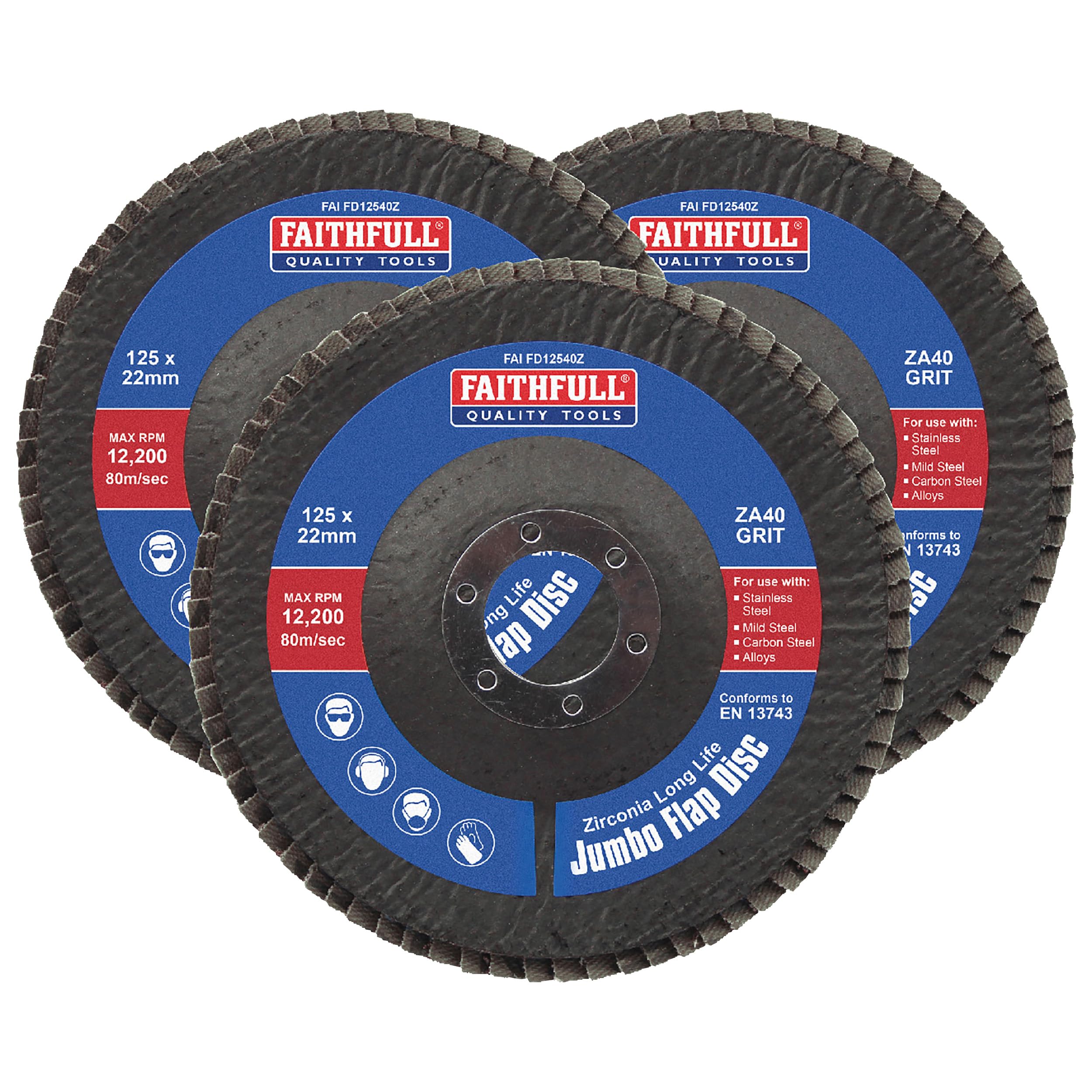 Faithfull Zirconia Abrasive Jumbo Flap Disc 125 X 22Mm 40 Grit (3 Pack)