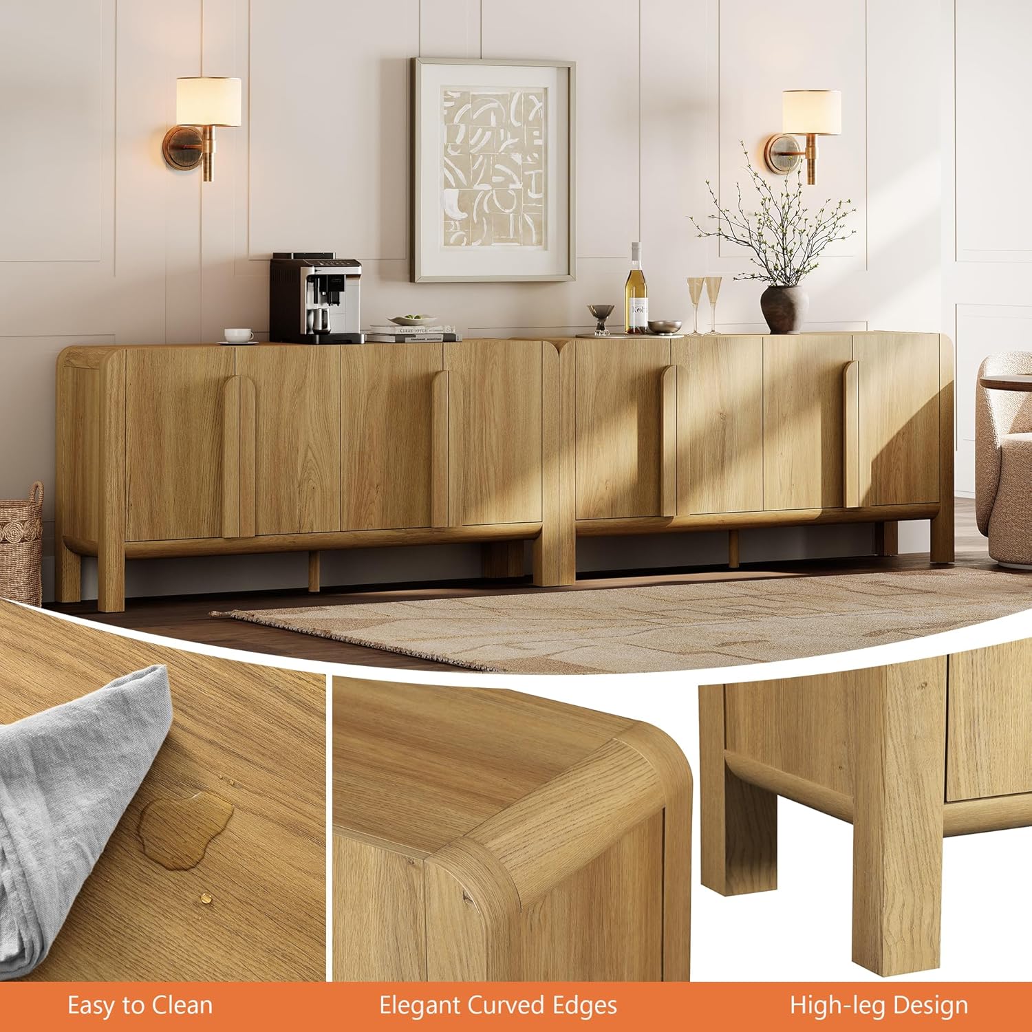 WAMPAT Modern TV Stand for TVs Up to 120 inches,126" W Farmhouse Entertainment Center with Adjustable Shelf and 4 Doors, Media Console Table TV Cabinet for Living Room, Light Walnut