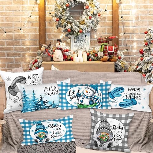 Miniatura 8 de Lanpn Juego de 4 fundas de almohada de Navidad de 16 x 16 pulgadas, diseño de muñeco de nieve de gnomo, funda de cojín decorativa de 16 x 16