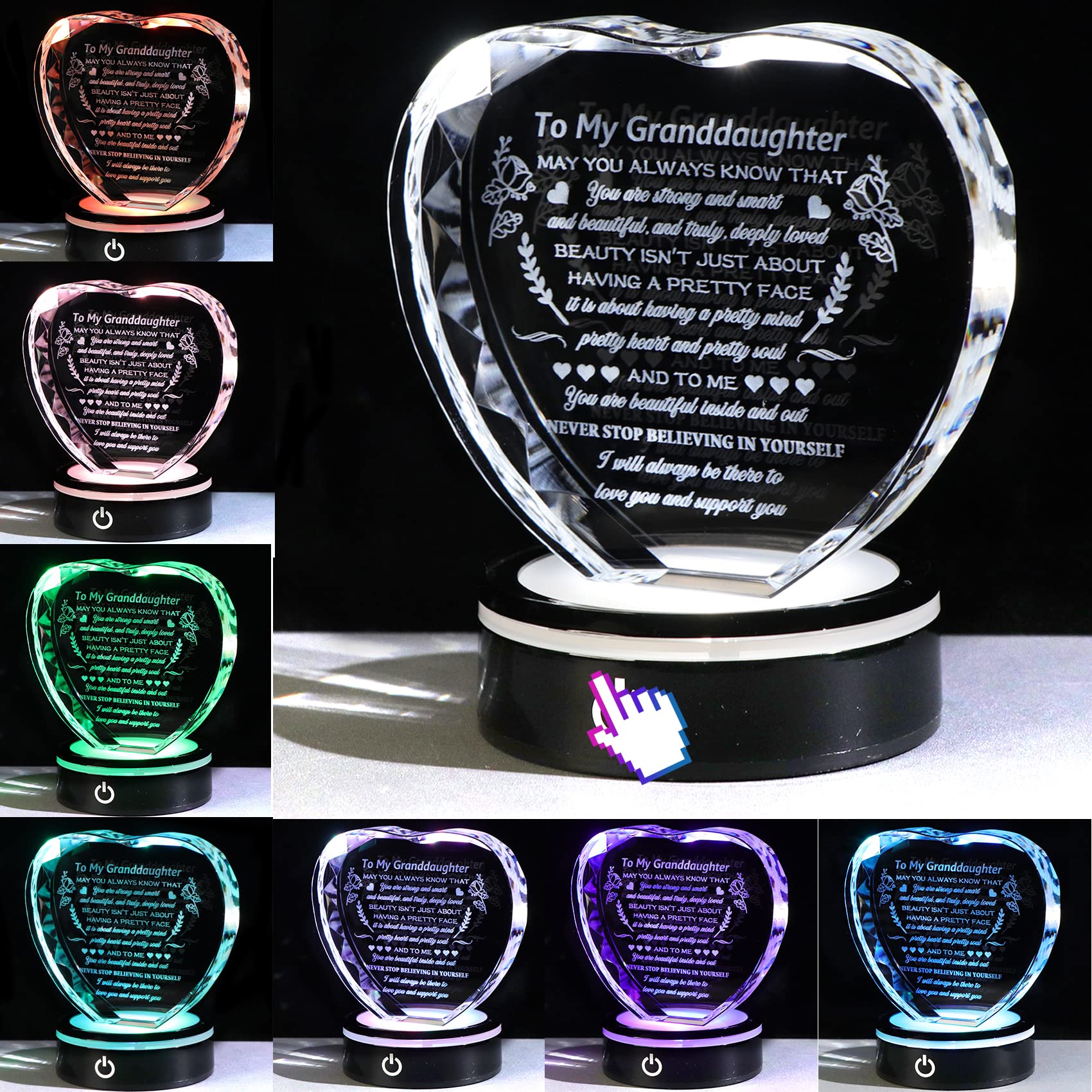 YWHL Granddaughter Gifts from Grandma Graduation Birthday Gifts for Granddaughter Heart Crystal to My Granddaughter Keepsakes Gift with Colorful Base on Wedding Back to School Valentine Christmas