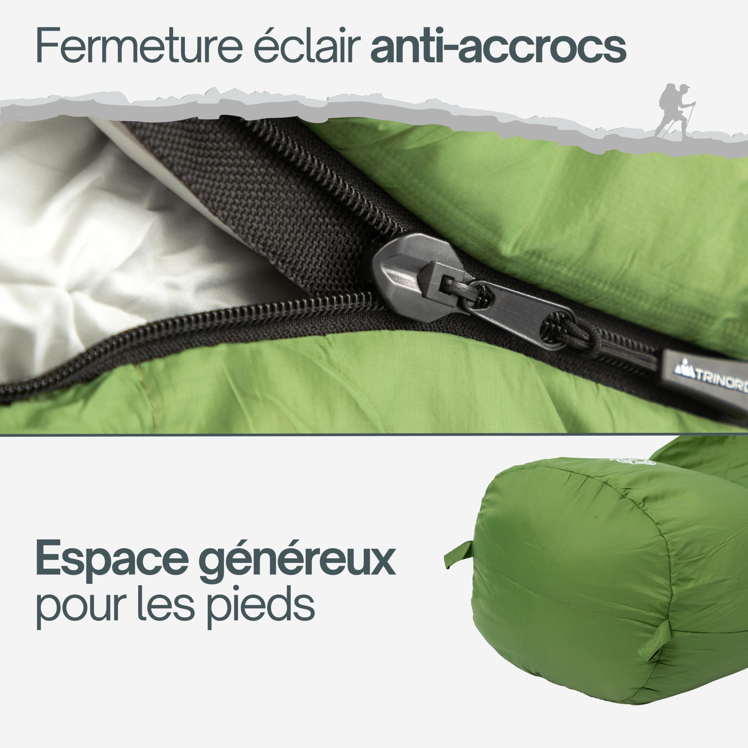 Trinordic Sac de Couchage Léger – 900g, Extra Long avec Fermeture Éclair Anti-Blocage – Sac de Couchage Adulte d'Été, Compact et Ultraléger pour la Randonnée, Les Aventures à Vélo