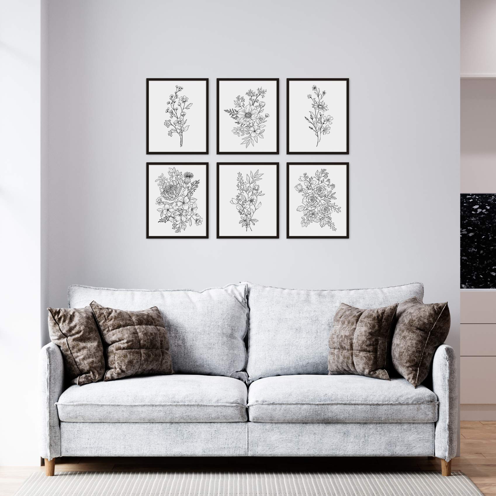 Black and White Flower Wall Art Prints Set of 6 UNFRAMED, Wildflower