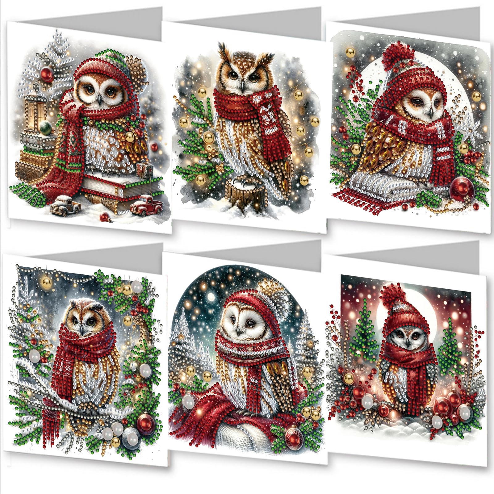 Awesocrafts Red 6Pcs Diamond Art Christmas Cards Kits Owl Diy Painting Sets With Envelopes, 5D Postcards For Handmade, Xmas 30 * 15Cm (Red)
