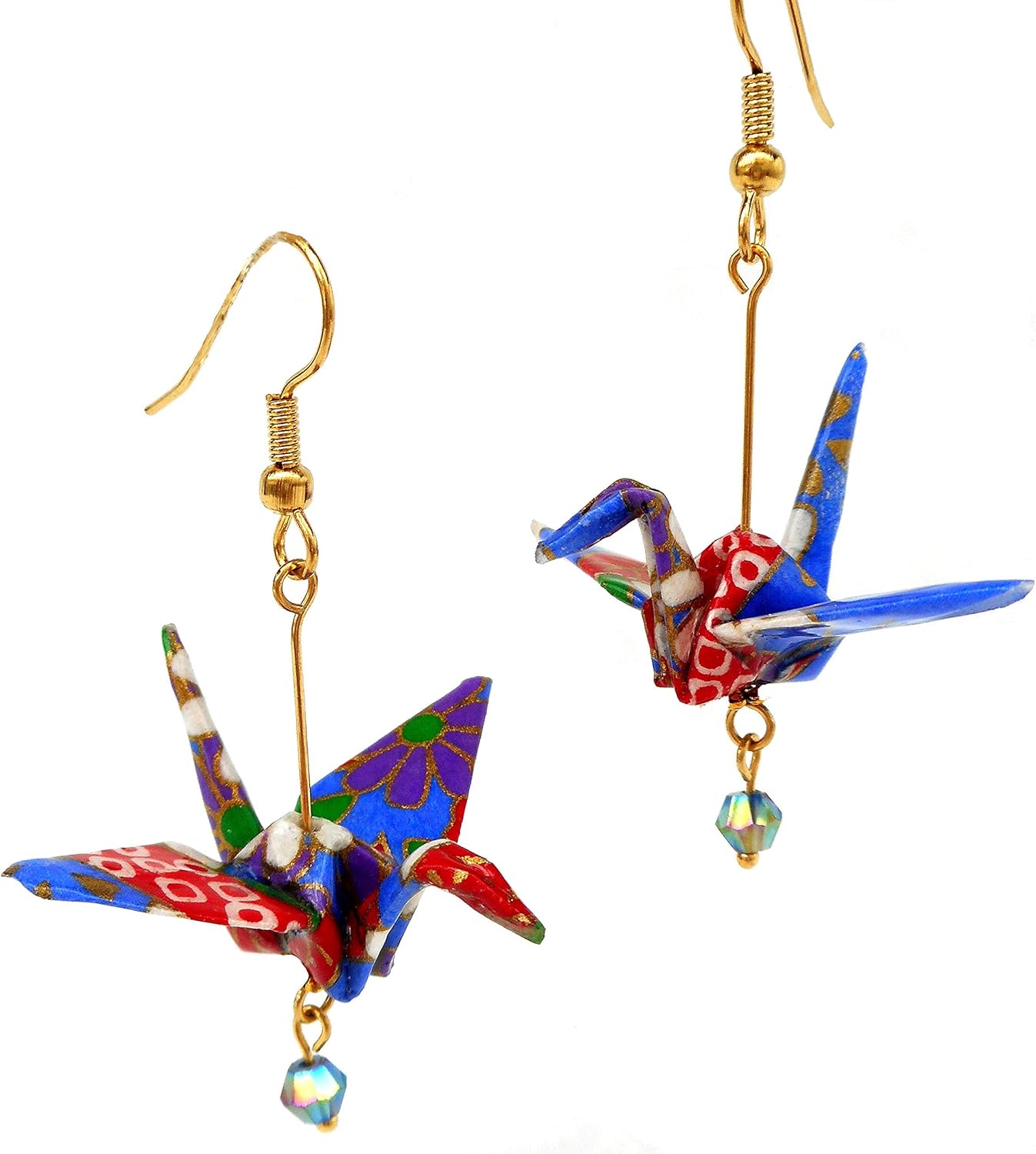 Royal Blue Red Purple Origami Good Luck Paper Crane Earrings w/Iridescent Glass Bead, Birthday Gift