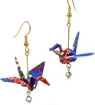 Royal Blue Red Purple Origami Good Luck Paper Crane Earrings w/Iridescent Glass Bead, Birthday Gift