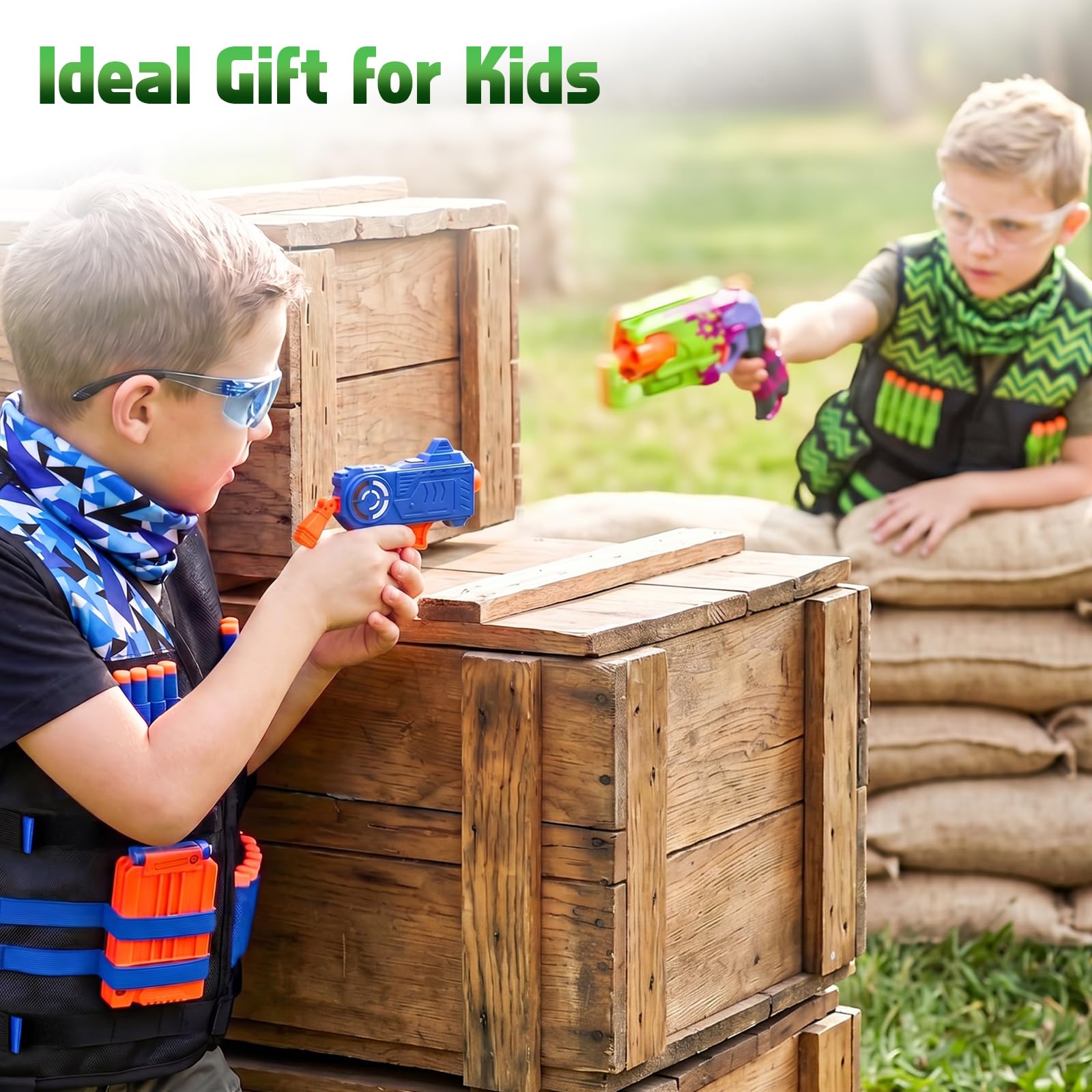 Lehoo Castle Chaleco Táctico Niños para Nerf N-Strike Elite Series, con 60 Recambio Bullet Soft Dardos, Gafas, Mascarilla Táctica, Regalos Navidad para Niños (Azul + Verde)