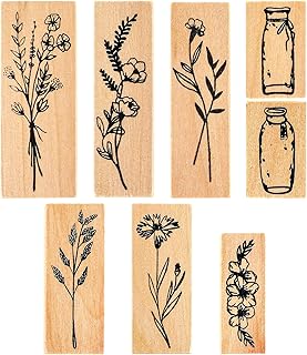 8 Pcs Cute Floral Journal Stamps Vintage Wooden Rubber Stamps,Decorative Flower Stamp Set Wooden Mounted Stamp for Card Making Letters Diary Scrapbooking Crafting Plant Teaching