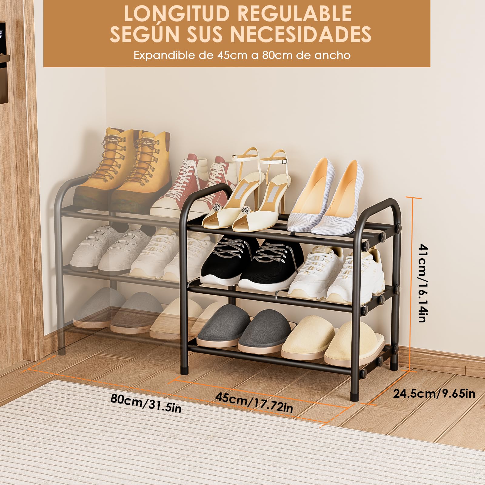 Zapatero Extensible 3 Niveles, Zapatero Pequeño Ajustable 45-80 cm, Zapateros Metalico, Fácil Montaje, para Pasillo, Dormitorio, Salón, Negro
