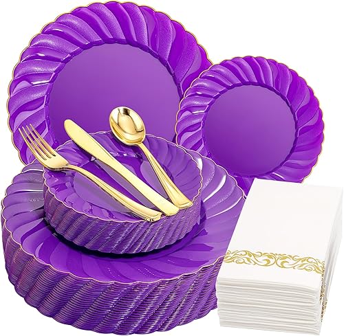 Miniatura 1 de YOUBET 150 platos de plástico morado. Los platos desechables Pruple y Gold incluyen 25 platos llanos, 25 platos de ensalada, 25 tenedores, 25