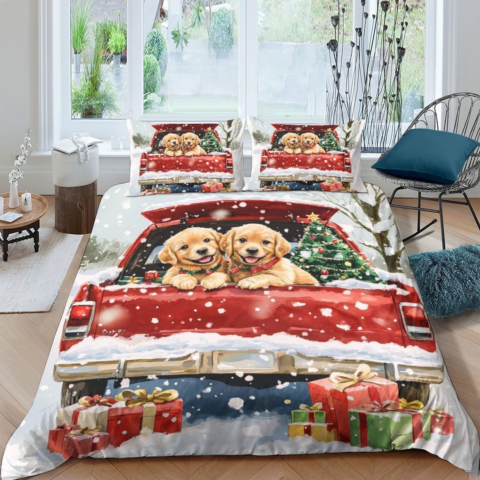 Ctjqhvkz Style-2 3D Printed Christmas Puppies Fitted Sheet Microfiber Soft Snowy Truck Bed Cover Bedroom Decor Protection Single（135X200cm）