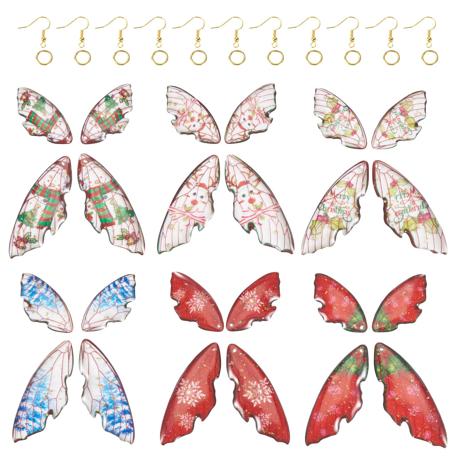 PandaHall 6 works Wings Earring Charms Butterfly Wing Charms Christmas Snowflake Snowman Dangle Wings Earring Pendants for DIY Jewelry Making