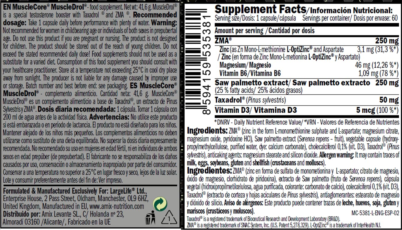 AMIX - MUSCLEDROL - 60 CAPS - Complemento alimenticio - Vitamina D y Saw Palmetto - Aumenta la fuera y la energía