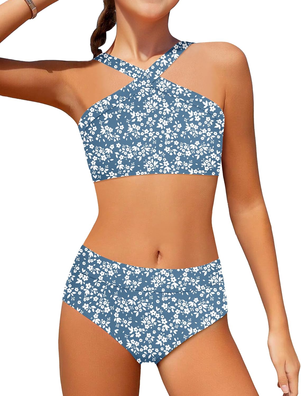 Girls Swimsuits 2 Piece Bikinis Set Colorblock Bathing Suits Criss Cross Strap Girls' Swimwear
