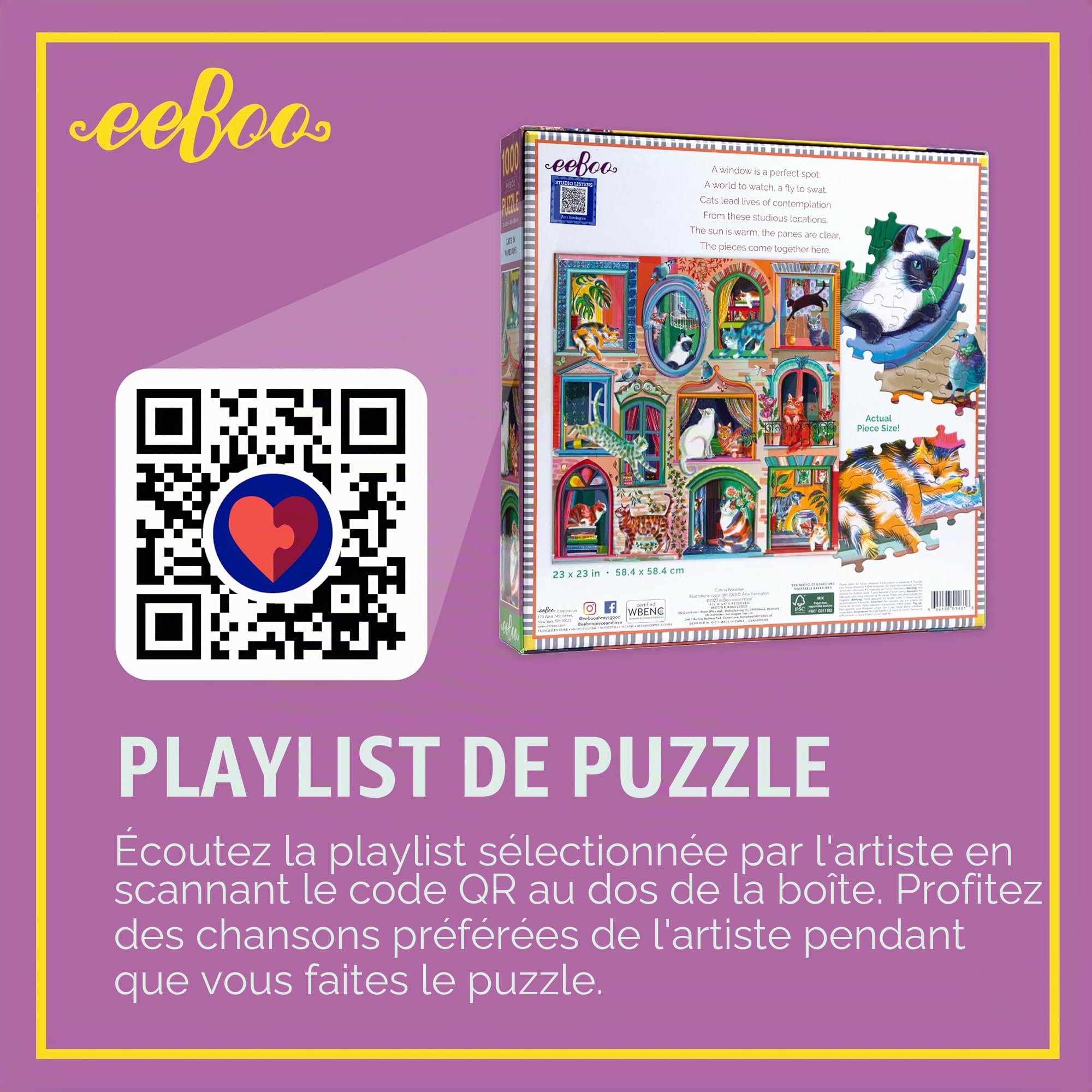eeBoo Cats in Windows pièces en Carton recyclé-Puzzle Coloré 1000 pièces-58.5 cm De Côté, PZTCIW
