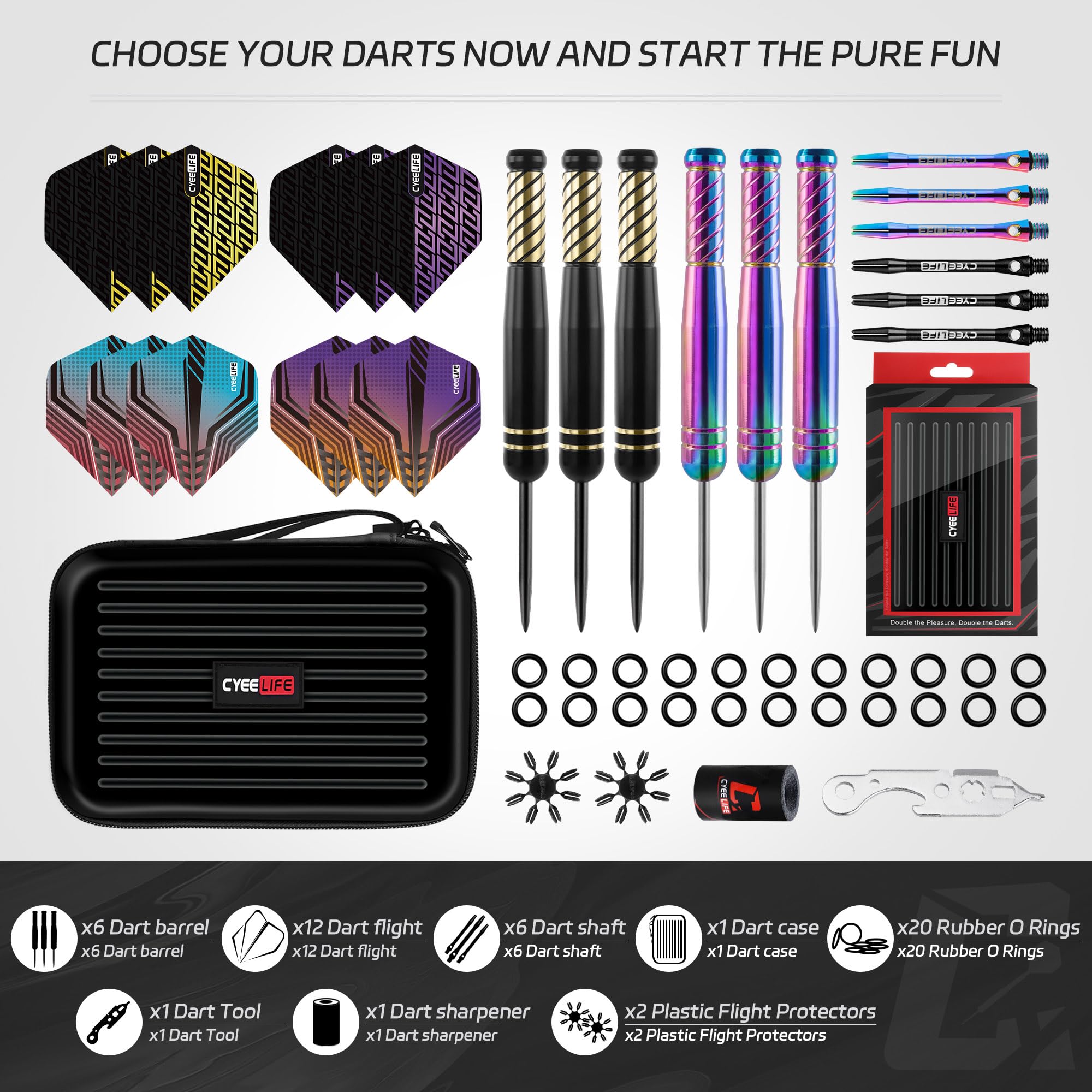 CyeeLife Set de Fléchettes Professionnel 20g Acier avec Dart Case, 6 Tiges Alu, 12 Vols, 20 Anneaux Anti-Dévisageage