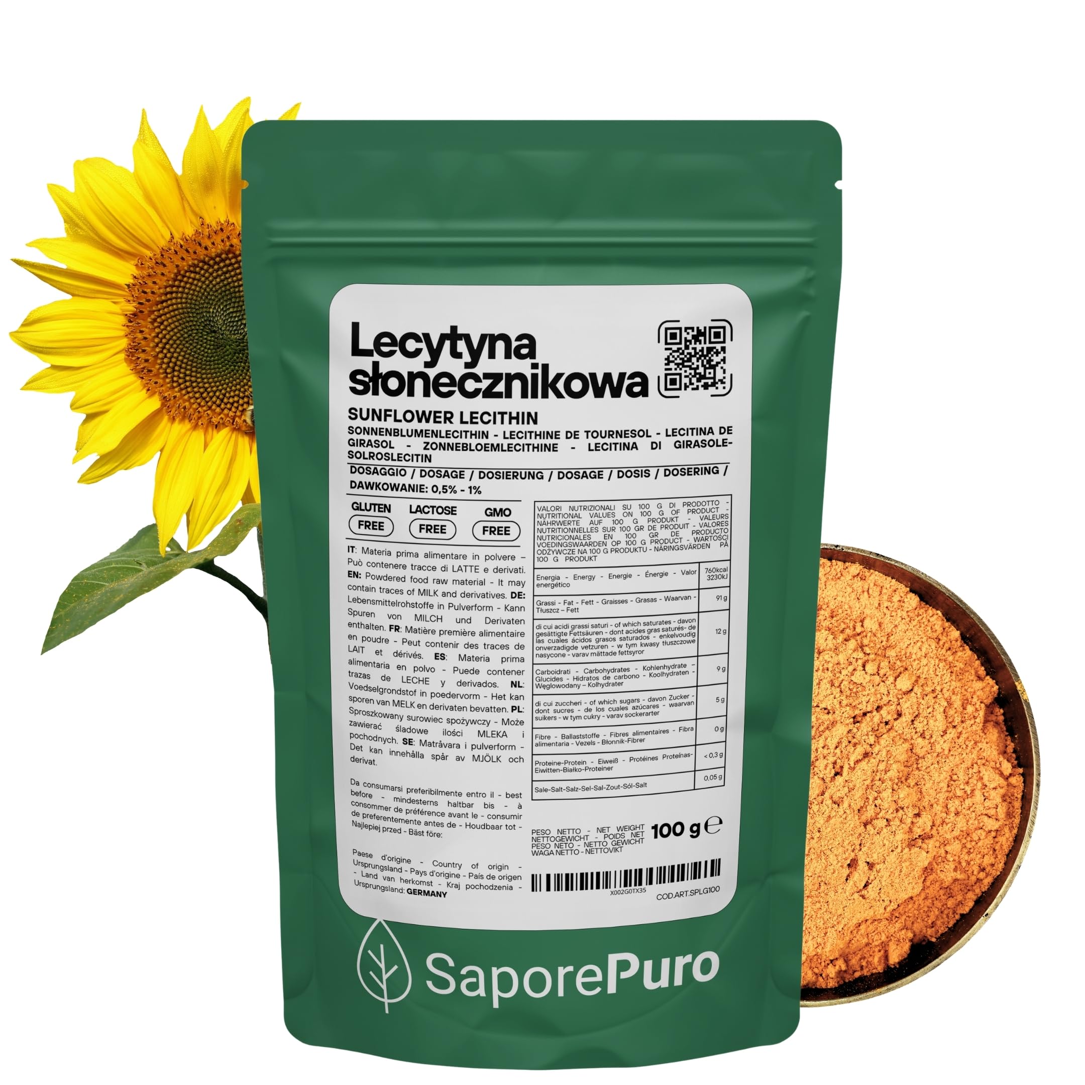SaporePuro Leacytyna Słonecznikowa w Proszku 100 g – Naturalny Emulgator BEZGLUTENOWY