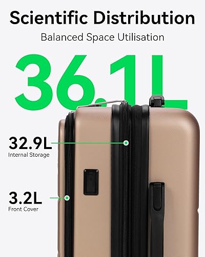 Vista 5 de LUGGEX Maleta de mano con bolsillo frontal, maleta rígida de policarbonato expandible con puerto USB, Champán, Equipaje de mano