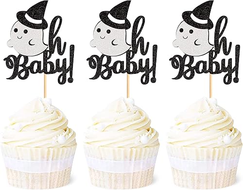 Ercadio Paquete de 24 adornos de magdalenas de Ghost Oh Baby con purpurina para Halloween, Baby Ghost Cupcake Picks Ghost Oh Baby Cupcake