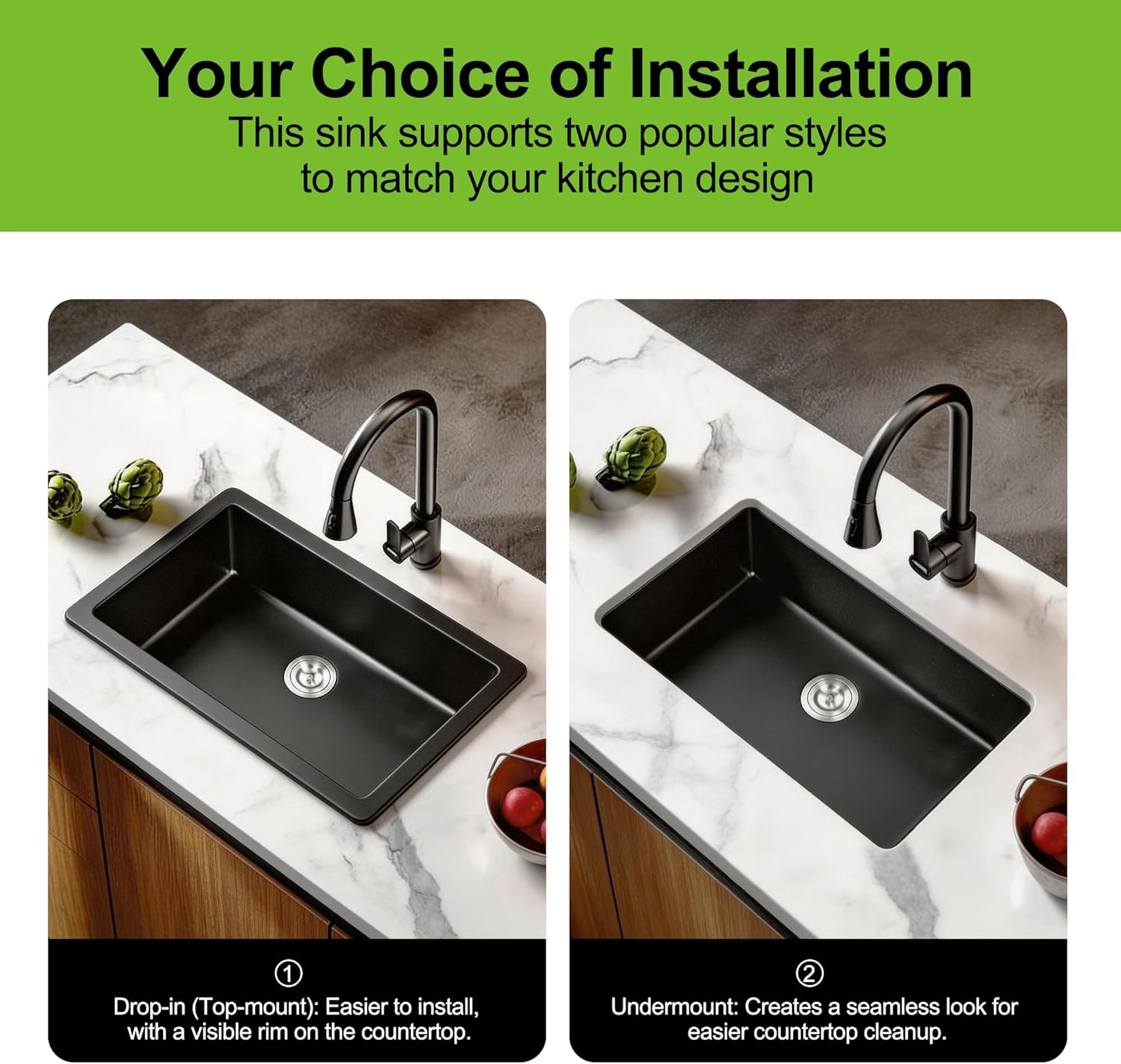 Kitsitchen 32 Inch Large Black Undermount Kitchen Sink, Black Granite Composite Kitchen Sink with A Stainless Steel Sink Drain Assembly & Sink Bottom Gird, 9" Depth Quartz Stone Kitchen Sink