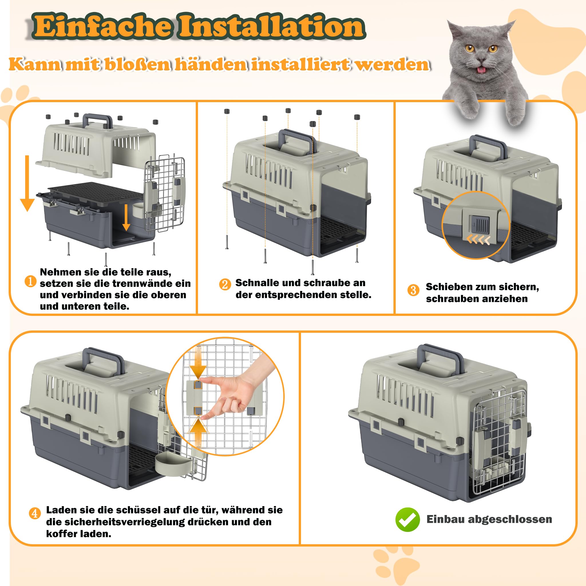 HENGMEI Transportbox Hundebox Hundetransportbox Kleine Hunde und Katzen Kaninchen Kunststoff Katzenkorb Tiertransportbox mit Tür Lüftungsschlitze Urinbarriere Schalen und Tragegriff, 60×39.5×44cm