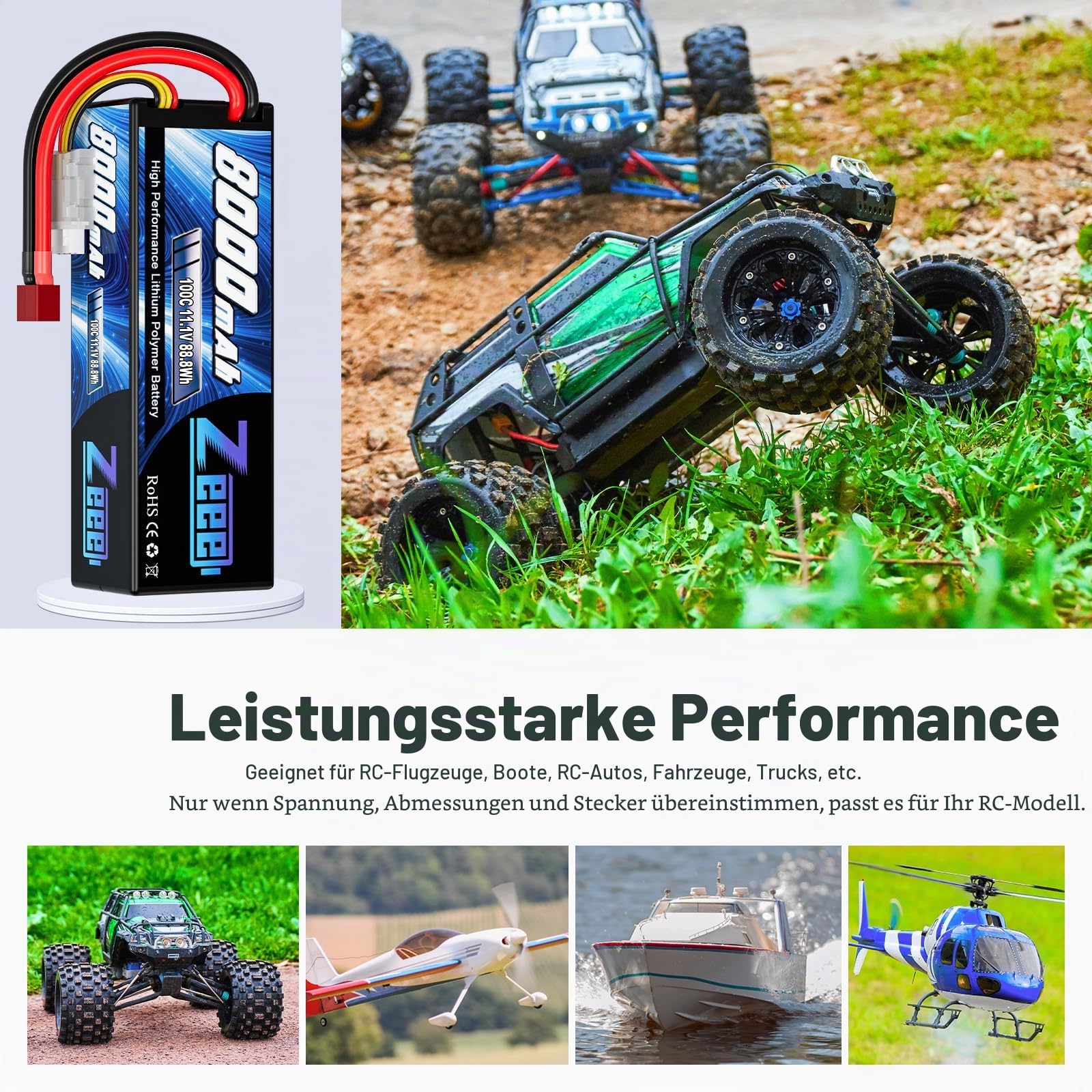 Zeee 3S Lipo Akku 11,1V 8000mAh 100C RC Batterie Hardcase mit T Stecker