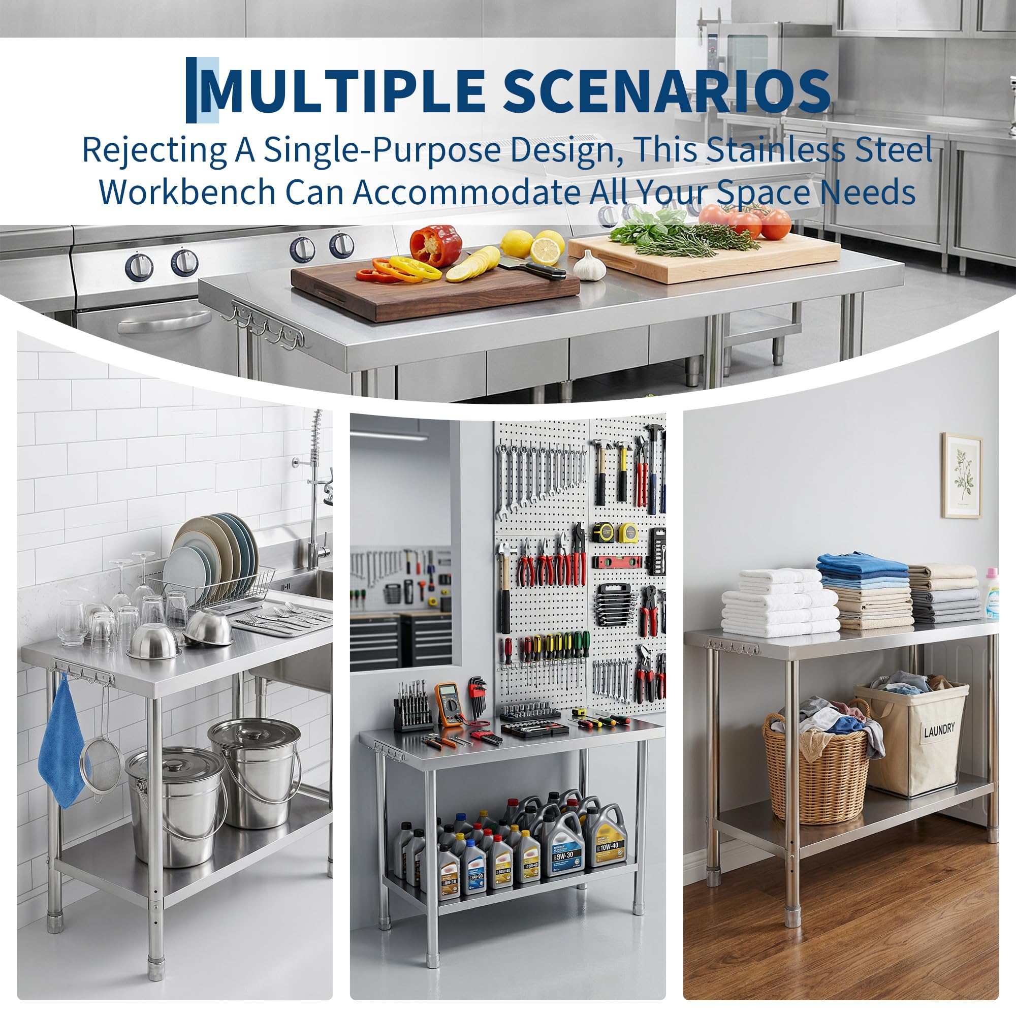 Mesa de preparación Comercial de Acero Inoxidable de Alta Resistencia de 48 x 24 x 35 Pulgadas – Protector contra Salpicaduras – Gancho para ollas – Patas Ajustables – Cocina de Restaurante,