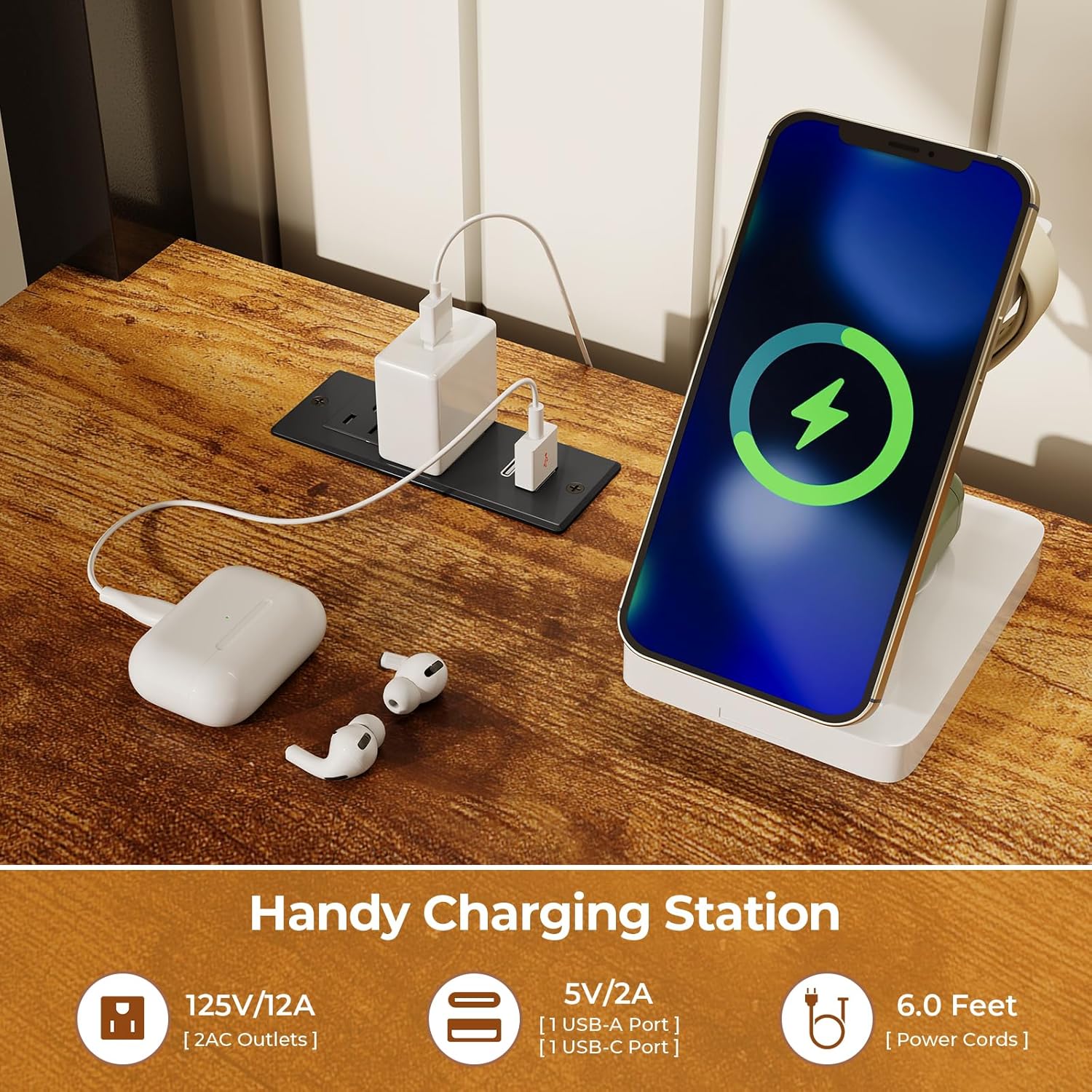 Close-up of the built-in charging station on the desk