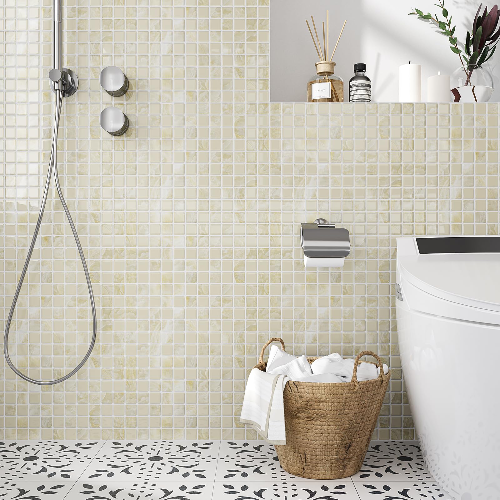 VEELIKE 12 fogli di piastrelle color crema beige con mosaico per paraschizzi e paraschizzi, per cucina e bagno, impermeabili, adatte per affittuari, paraschizzi, paraschizzi, per pareti della cucina,