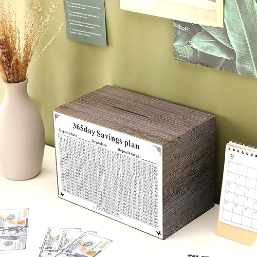 Miniatura 4 de Alcancía grande para adultos y niños, 9.84 x 5.9 x 7.08 pulgadas, caja de ahorro de dinero de madera para ahorrar dinero en efectivo, tarro de