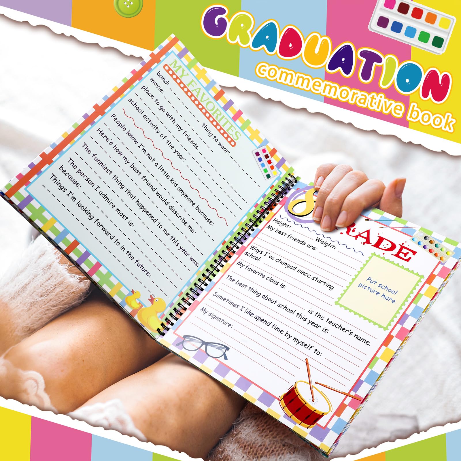 Motipuns Szkolny album pamiątkowy, album fotograficzny dla dzieci, na lata szkolne, pamiątka, album do scrapbookingu, od przedszkola do 12 klasy, z 14 kieszeniami do przechowywania teczki na każdą