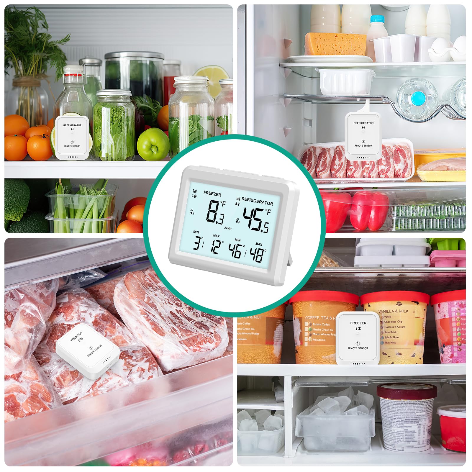 ORIA Digitales Kühlschrankthermometer, Gefrierschrank Refrigerator Thermometer mit 2 kabellosen Sensoren, 3,7" Bildschirm, 2 Alarmmodi (Symbol/Klang), ℃/℉, Min/Max-Wert, für Zuhause, Restaurants