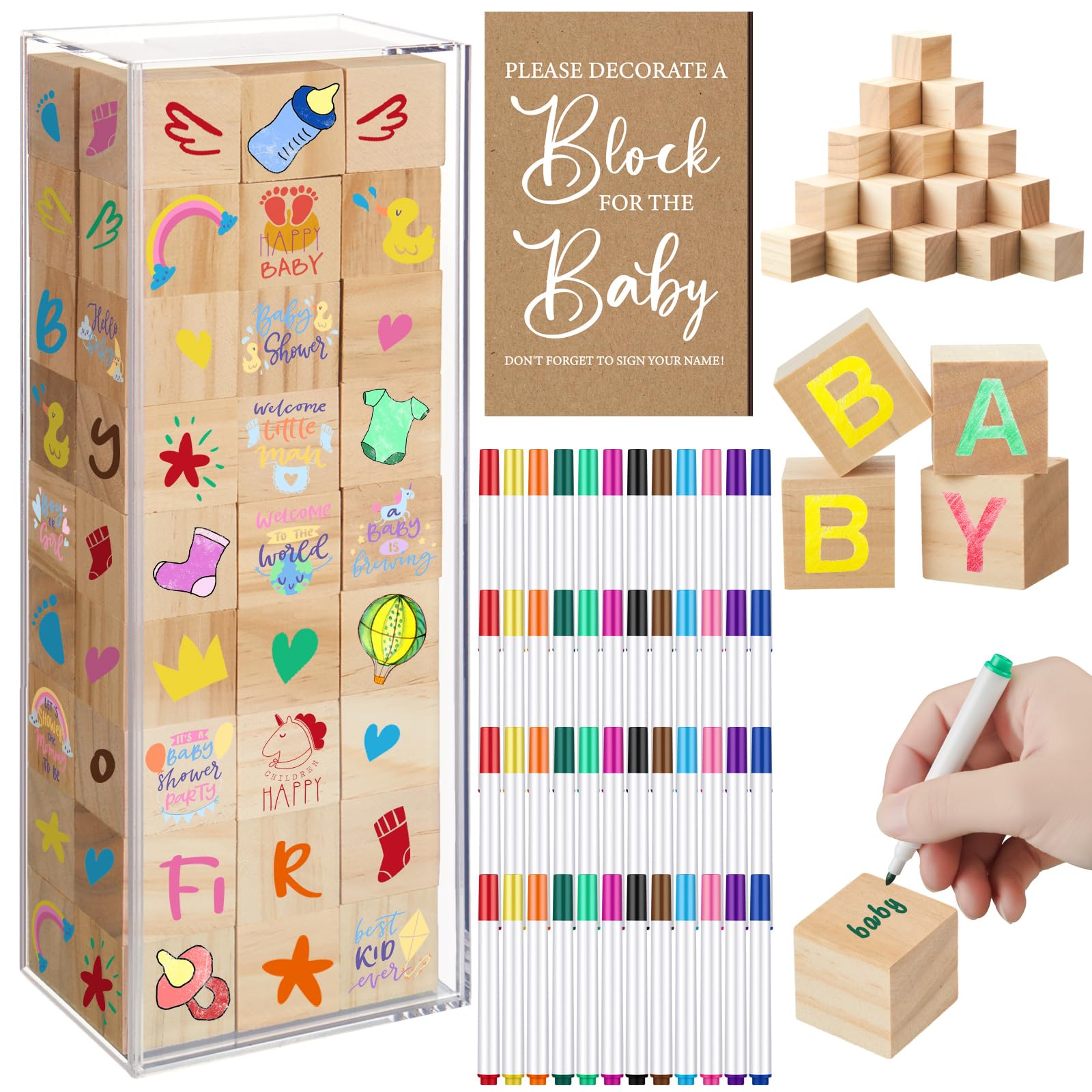 Tenceur 104 Pcs Baby Shower Game Sign Set Baby Shower Blocks to Decorate 54 DIY Blank Wooden Block 48 Watercolor Markers with Acrylic Box Set for