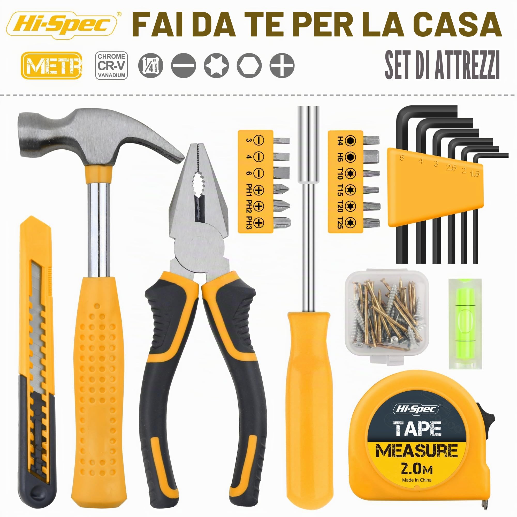 Hi-Spec Set Attrezzi, Cassetta Attrezzi Completa Compatta per Casa e Ufficio, Kit Fai da Te per Riparazioni Domestiche di Base, 25 Pezzi in Valigetta Portatile, Giallo