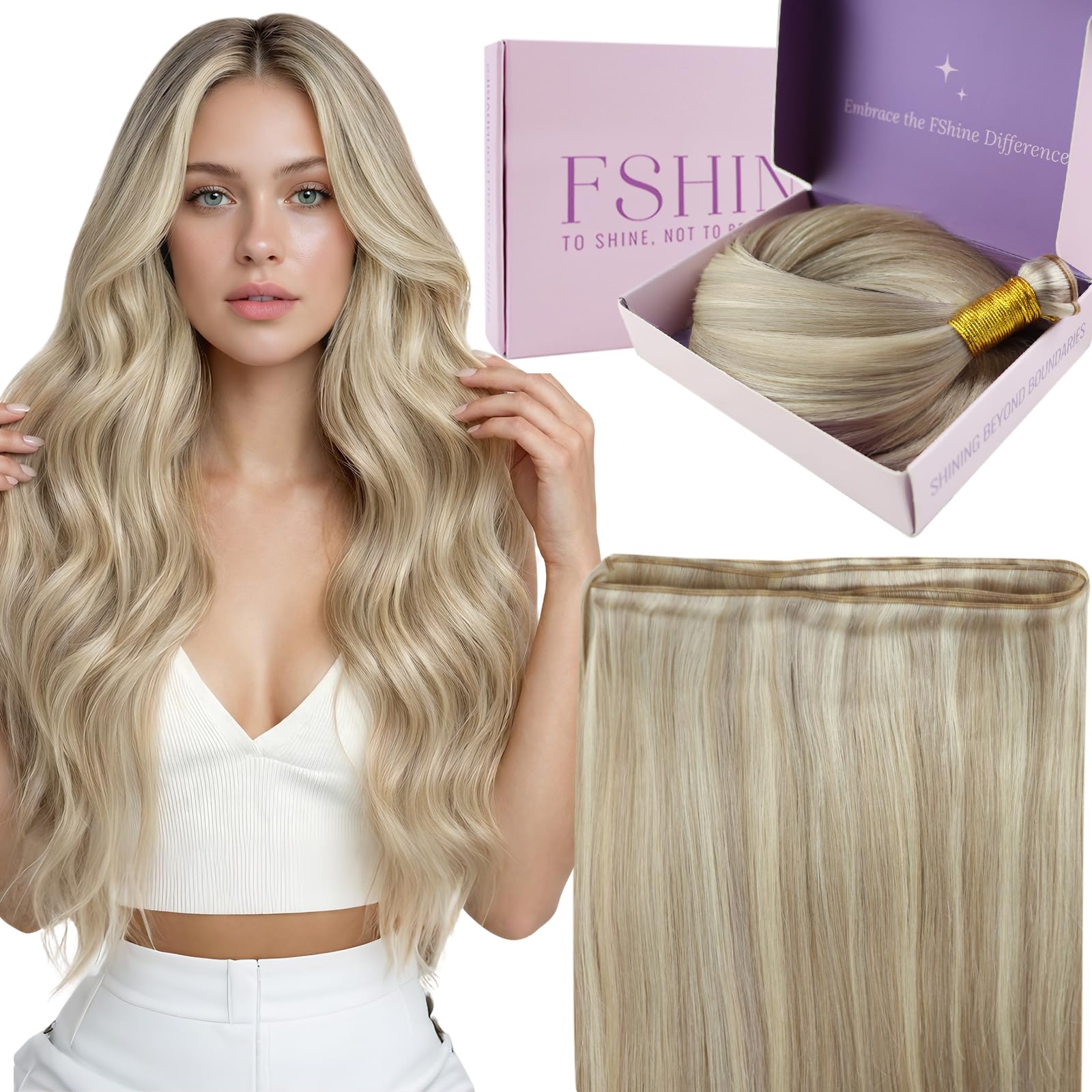 Fshine Echthaar Tressen zum Einnähen 60 cm 60 g Haartressen Echthaar Langes Glattes Haar Aschblond Highlighted Hellblond Genie Weft Extensions Farbe 18P613