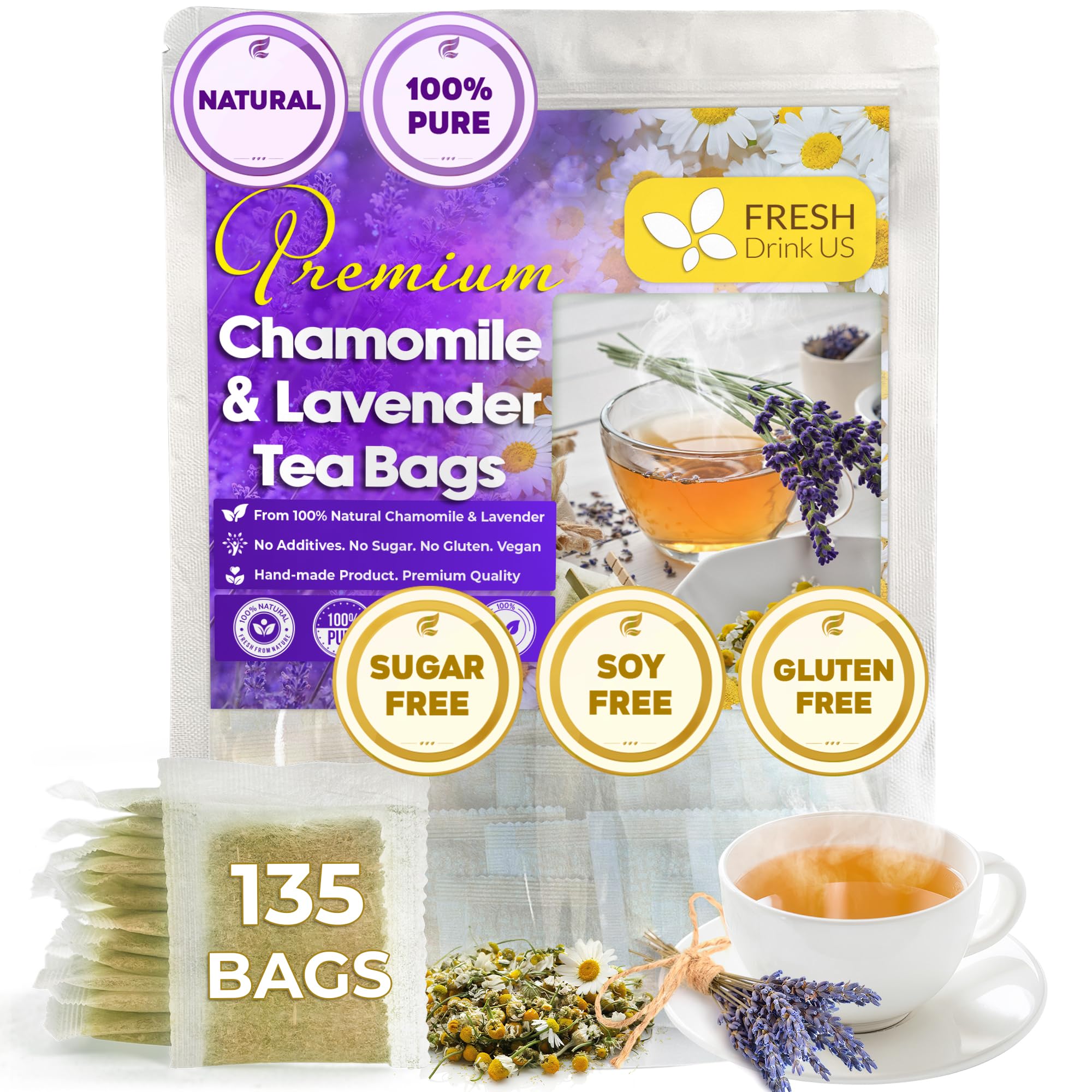 FreshDrinkUS, Premium 135 Chamomile Lavender Tea Bags, 100% Natural Herbal Ingredients, Hand-made Blend of Chamomile Lavender Flowers, Eco-conscious