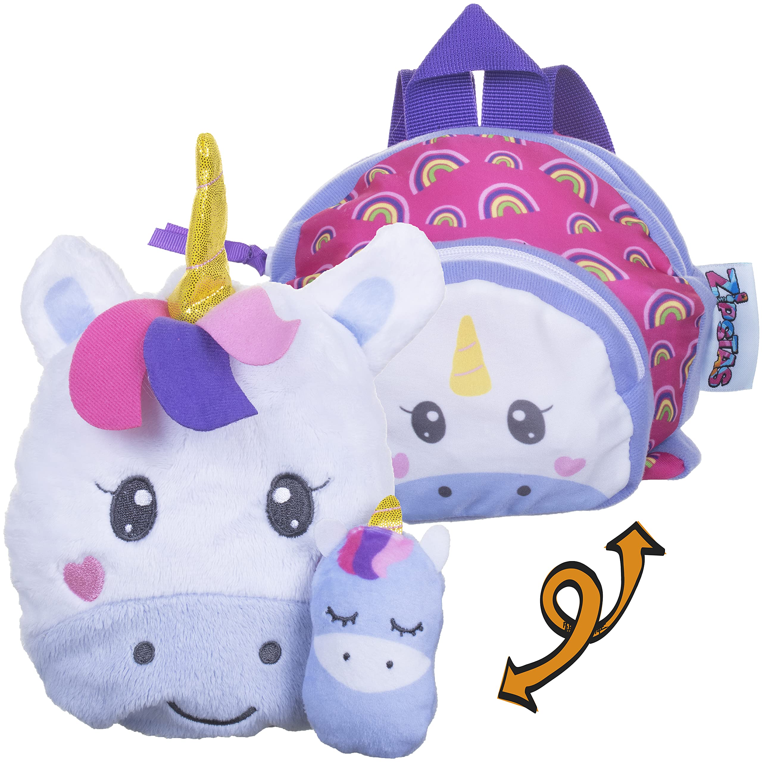 Families 3-in-1 Girls Sleepover Bag Reversible Backpack Cuddly Unicorn Mummy and Baby Soft Toys and Medium Sized Bag
